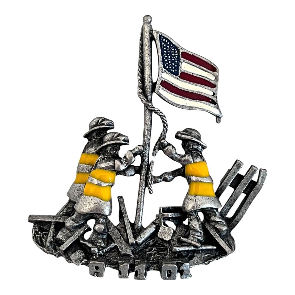 Commemorative 9/11 Pin Signed RAJA Silver Toned Brooch Enamel 11U